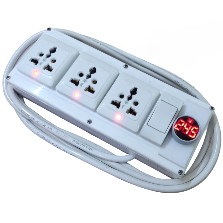 Extension Board with Voltage Display 10 Ft Long Cable and Without Cable 3 pin Universal Sockets