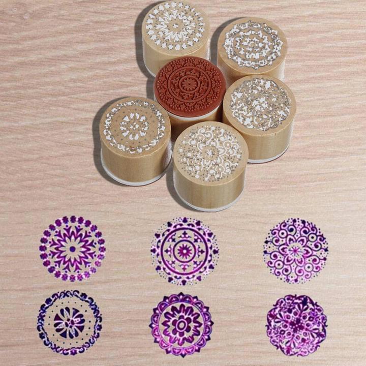 6 orted Wooden Rubber Stamp Round Hanriting Floral Flower Craft