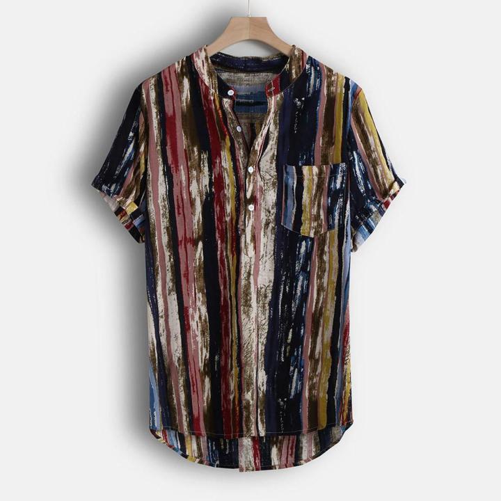 【BestGO】Vertical Stripe Polo Shirt Men Boho Sport Street Style Hawaiian Short Sleeve Summer and Autumn Mandarin Collar