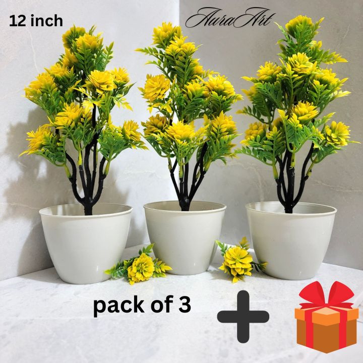 Pack of 3 Artificial 12 inche long tree in white square shape pot with