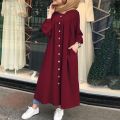 2025 autumn Muslim long sleeved plus size women's round neck pocket commuting casual robe shirt dress long. 