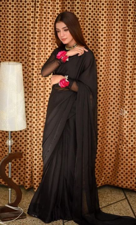 ANMOL 3 PC STITCHED PLAIN CHIFFON SAREE FOR GIRLS & WOMENS - BLACK WEDDING WEAR READY TO WEAR SAREE