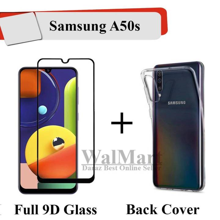 Samsung Galaxy A50s Black Full 9D Edge To Edge (Full Glue) Tempered Glass Screen Protector + Back Cover Transparent Crystal Clear Soft Case For Samsung Galaxy A50s