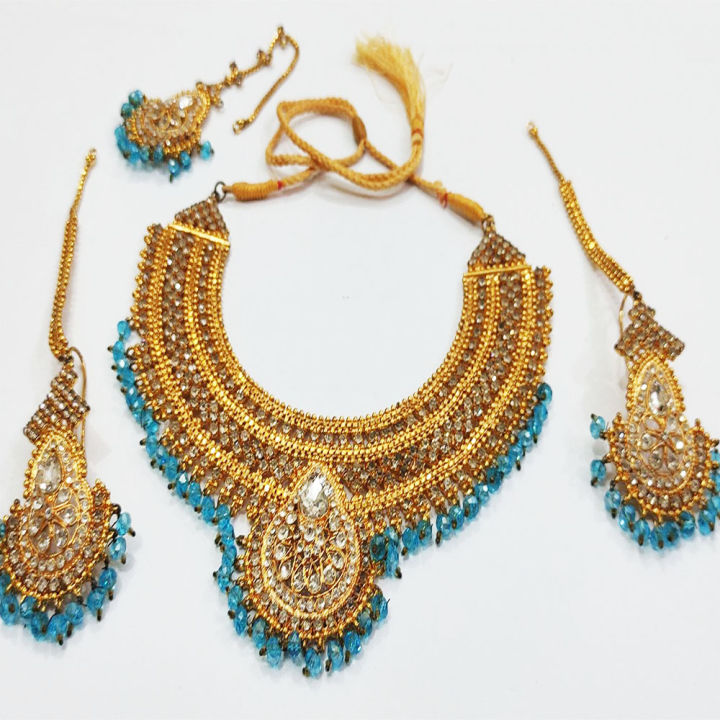 Golden%20And%20Cyan%20Color%20Alloy%20Sparkling%20Necklace%20Set%20With%20Zircon%20Stone%20%7C%20Stylish%20Complete%20Bridal%20Set%20%7C%20Gold%20Plated%20Necklace%20With%20Earring%20Tikka%20Sets%20-%20Image%202