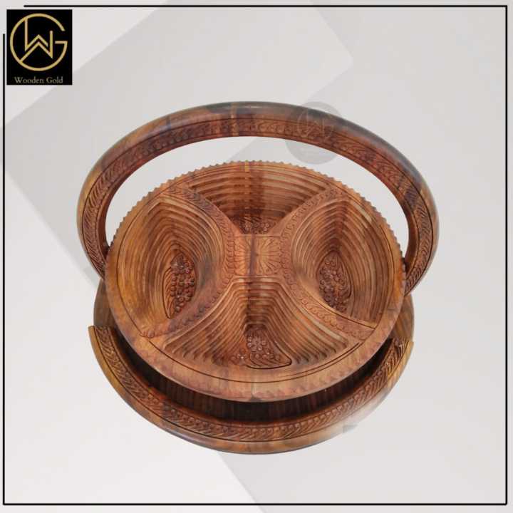 WOODEN GOLD-Wooden Handmade Antique Dry Fruit Basket with Folding Trivet- Wooden Hand Carved Dry Fruit Basket Foldable-High Quality-Different Design Will be Send based on availability