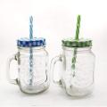 Glass Jar Mug with Straw and Handle(Clear) - Pack of 2. 
