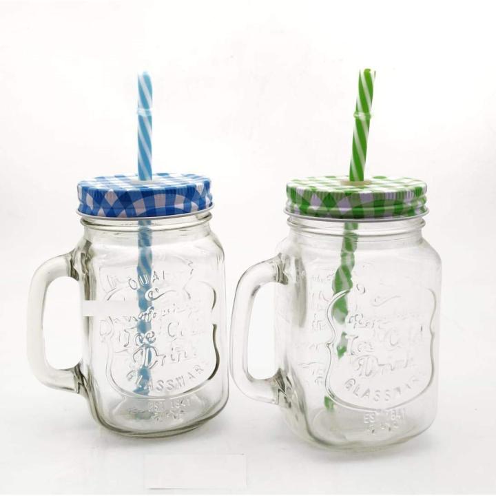 Glass Jar Mug with Straw and Handle(Clear) - Pack of 2