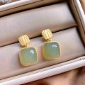 Jade Green Stone Square Drop Earrings For Women Jewelry. 