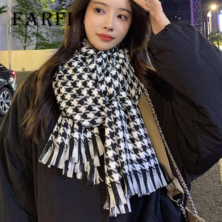 Versatile Long Scarf Wrap Stylish Black White Plaid Print Scarf with Tassel Trim Warm Shawl for Women Women Black White Scarf
