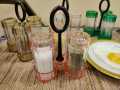 &gt;SHAKER SALT,N PEPPER-Namak dani Crystal Acrylic Salt n Pepper Shakers Spices Jar set of 3 with hang stand - Transparent. 