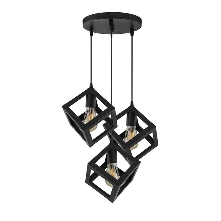 3 in 1 Square Matte Black Pendant Light With Round Base Fixtures Over Kitchen Island, Hanging Ceiling Lights, E26/E27 Medium Base, Bulbs not Included.
