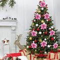 50 Pack Glitter Poinsettia Christ Tree Ornats 5Inch Artificial Silk Flowers Picks Decor Wreath Garland (Pink). 