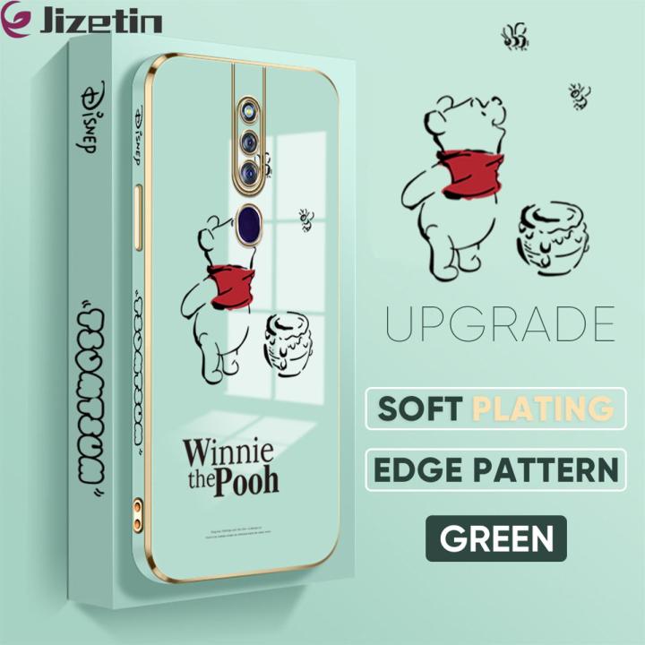 Jizetin (Free Lanyard) for OPPO F11 Pro Back Cover Honeypot Pooh Luxury 6D Plating Case Side Pattern Soft Silicone Square Mobile Phone Cases