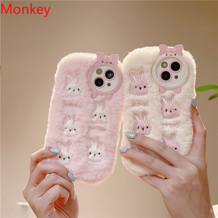 Fluffy Plush 3D Cute Bunny Pink Phone Case For iPhone 15 Pro Max Cases 14 12 11 pro max Protective Soft Cover for iphone 13 Case