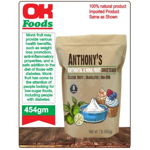 Anthony's Erythritol and Monk Fruit Sweetener Classic White, 1 lb, Granulated, 1 to 1 Sugar Substitute, Non GMO, Keto Friendly