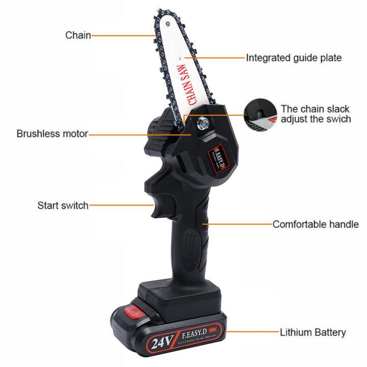 24V Rechargeable MINI Electric Cordless Chainsaw – Imported Branch Tree Wood Cutting Universal 4” Chain Saw - Battery-Powered household – DIY one handed Home garden logging - mini electric chain saw machine