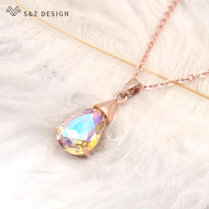 S&Z DESIGN New Fashion Water Drop Crystal Pendant necklace 585 Rose Gold Chain For Women Wedding Jewelry Simple Elegant Gift
