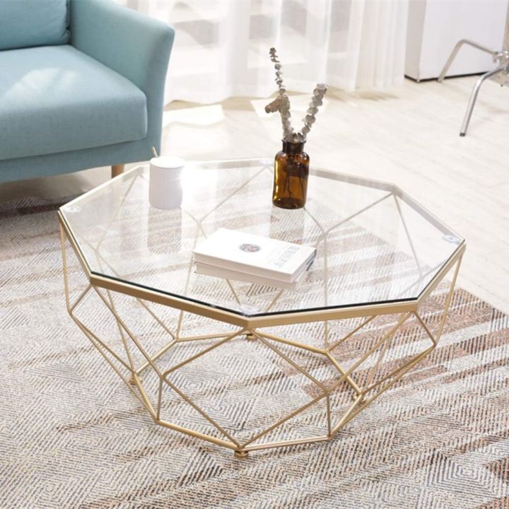 Modern Octagonal Tempered Glass Coffee Table - Wooden Center Table, Cocktail Table with Unique Octagon Shape