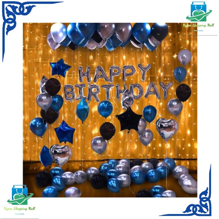 Decent Decoration Theme(Blue Black Silver)-Including Silver happy birthday 13 foil balloons, 45 latex balloons, 4 Foil stars balloons, 2 heart shape foil balloons
