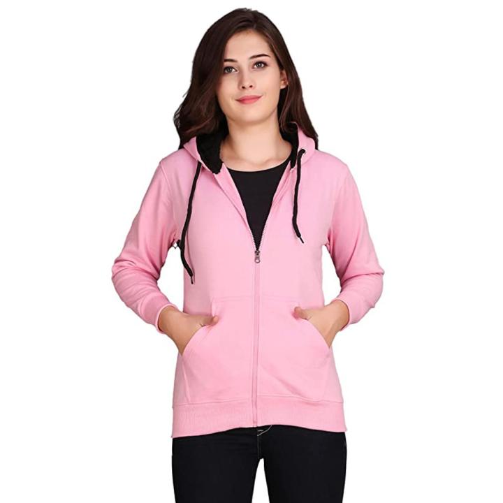 Sharrys Womens Zipper Hoodie Plain Pullover Front zip up Kangro Pocket Hoddie New arrivals Girls Casual Winter Wear ( Baby Pink )