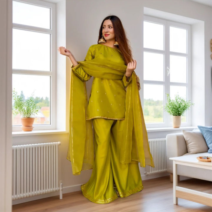 New Eid Collection Party Wear Dress for Women and Girls, Mehendi Color