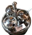 SAUCE SERVING SET Pure Stainless Steel 3 In 1 Pickle Jar Set For Dining Table, Lid, Spoon & Tray, 3 Pickles Pot. 