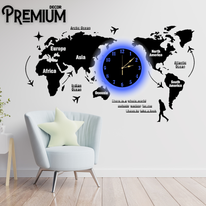 ( PREMIUM DECORE ) 3D wall clock | world map wall clock | DIY wall clock World Map Wooden Wall Clock for Home and Offices, wall clock for bedroom.
