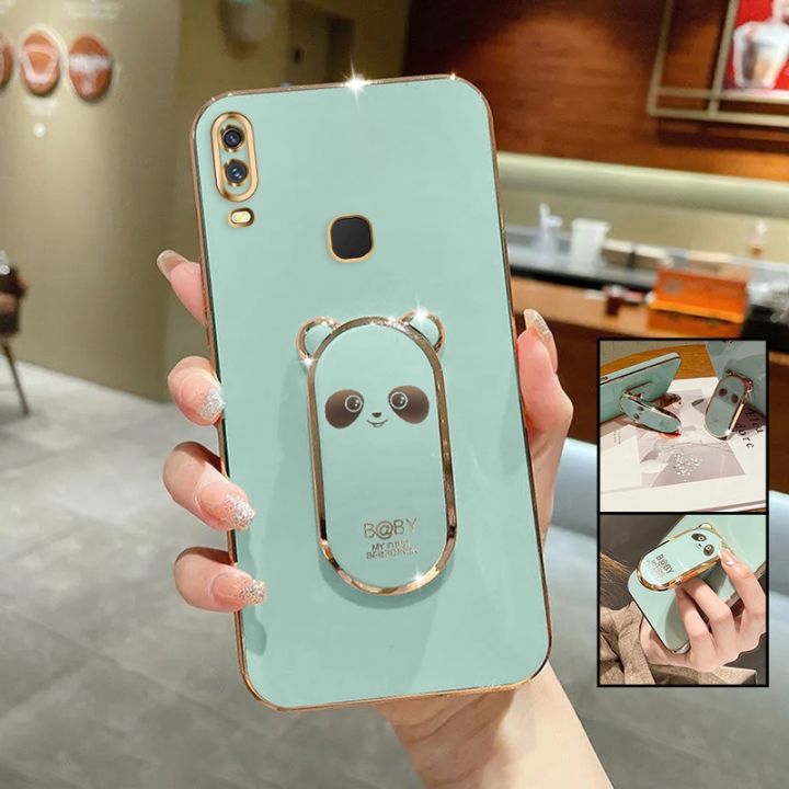 FELMYST Plating Panda Case For Vivo Y11 2019 Luxury Cute Bear Brand Gold Plated Holder Mobile Phone Casing Square Ring Fold Stand Girl Boy Gift Soft shockproof Cover Cases