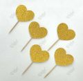 Pack of 6 Heart shape Cupcake Toppers For Wedding Anniversary & Engagement Party Celebration in Gold. 