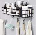 Bathroom Storage Hanging Shelf Wall Mounted With Hooks/ 1 layer corner rack / metal black shelf / bathroom kitchen punch corner frame /shower shelf metal rack. 