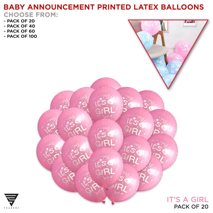 Its A Girl Solid Latex Pack 20, 40, 60, 100 Pcs Balloons For Parents Special Day Blue Printed Balloon Its a G It's a Girl Ballons To Welcome New Born Baby Large Size Baloon For Party Decoration & Party Supplies Productsl