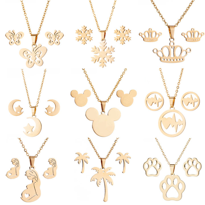 Fashion Non Tarnish 18K Gold Plated Heart Moon Butterfly Pendant Earring Necklace Stainless Steel Jewelry Set For Women Ladies