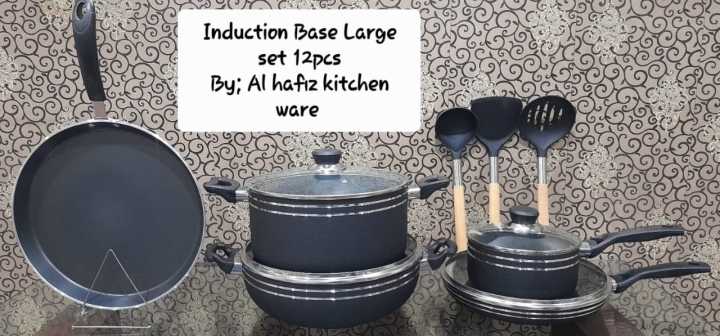 Induction base Nonstick Cooking set 12pcs Large Size Handi Karhai Saucepan frypan Tawa cooking stick set 3pcs