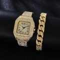1pc Men Rhinestone Decor Square Pointer Quartz Watch & 1pc Bracelet. 