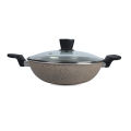 SK Cookware 24 cm Round Sleek Handles Marble Coated Wok (Karahi) with Glass Lid - (Wok Only). 