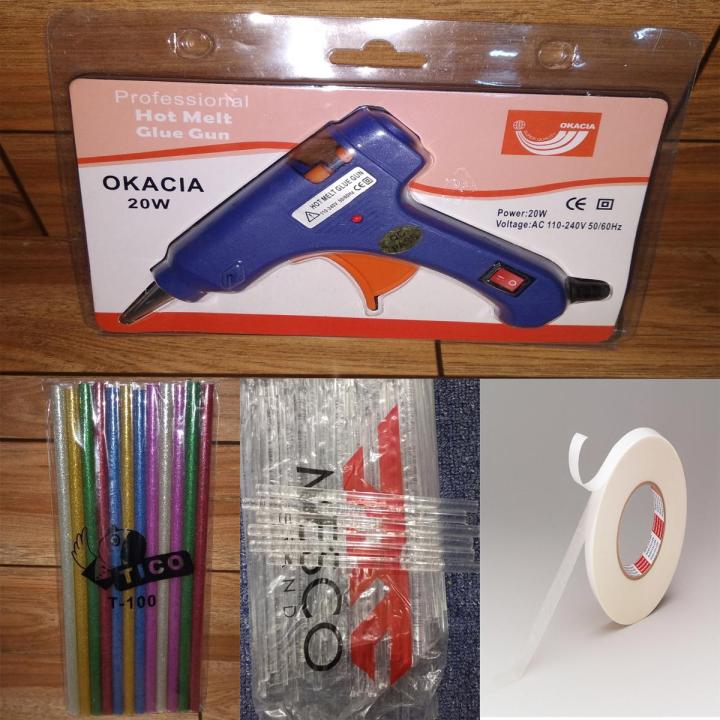 20W Brand New Imported Hot Glue Gun Small with 5 Transparent + 2 Glitter sticks + 1 Double Sided Tissue Tape Art # SS-G1+PS5+GS2+TT0.51