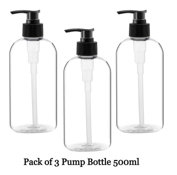 Pack of 3 - 500ml Empty Plastic Pump Bottles Transparent Bottle with Black Pump  Travel Size Lotion Pump Bottle for Oil / Hair Oil Empty Bottle Pump Refillable Bottle for Shampoo, Hand Wash, Lotion and Cosmetic Bottles etc.