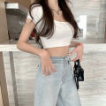 Women Short Sleeve Crop Tops Solid Color Low-Cut Square Neck T-Shirt Summer Casual Tight-Fitting Slimming Shirt. 