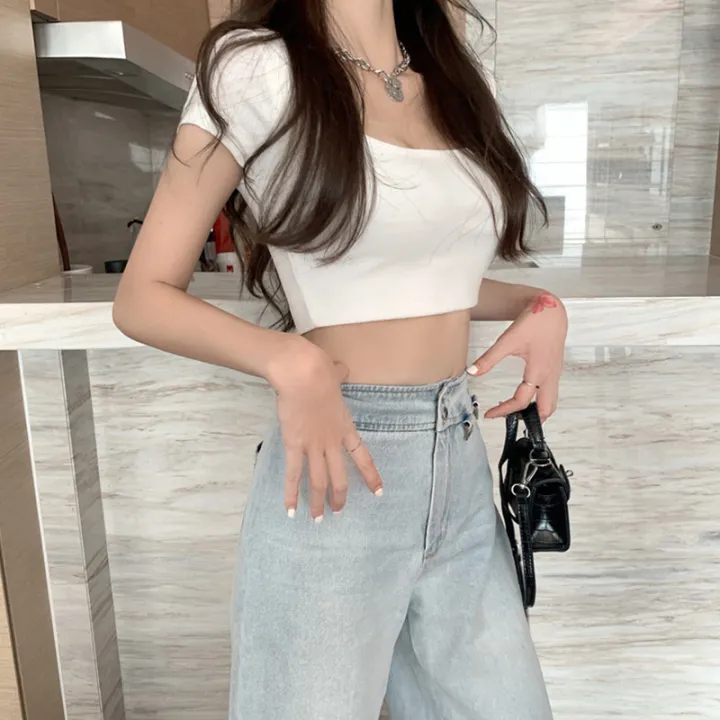 Women%20Short%20Sleeve%20Crop%20Tops%20Solid%20Color%20Low-Cut%20Square%20Neck%20T-Shirt%20Summer%20Casual%20Tight-Fitting%20Slimming%20Shirt%20-%20Image%204
