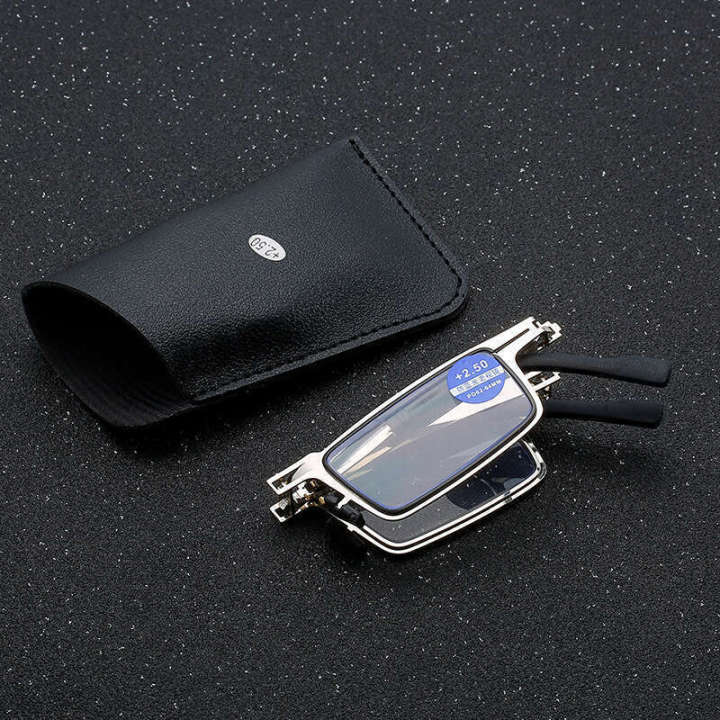 Unisex with leather bag intelligent silver exquisite full frame long face folding anti blue eagle eye ultra light reading glasses