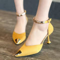 EUROPEAN FASHION POINTED HOLLOW WORD BUCKLE YELLOW HEELS SANDALS. 