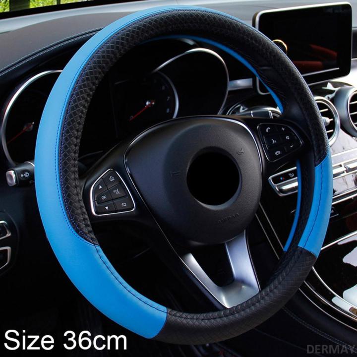 Size 36cm 8 Colors Car Steering Wheel Cover faux Leather Square Embossing Non-slip for Honda Civic Auto Interior Accessories(Blue)