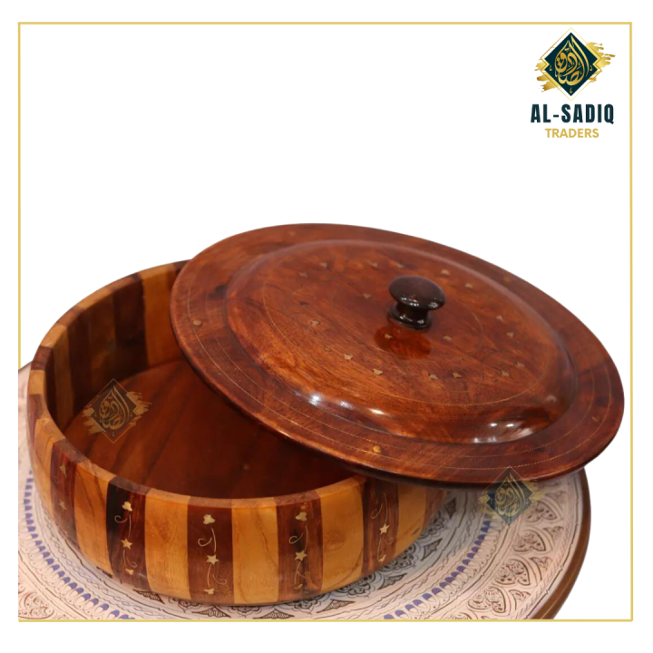 AL-SADIQ TRADERS | Wooden Hot Pot With Brass Work Hot Pot Handmade Kitchen Accessories 12 x 12 inch customized