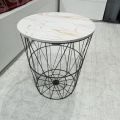 METAL WIRE REMOVEABLE MDF WOOD TOP ROUND COFFEE SIDE TABLE STORAGE BASKET (16L X 16W X 18.5H). 