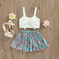 2 Pieces Kids Suit Set, Solid Color Bowknot Sleeveless Crop Tops+ Floral Print Skirt for Girls, 9 Months-4 Years. 