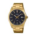 Casio General Mens Gold Stainless Steel Ion Plated Case Round Analog Date With Black Dial Gold Ion Plated Stainless Steel Bracelet Watch-MTP-VD03G-1AUDF. 
