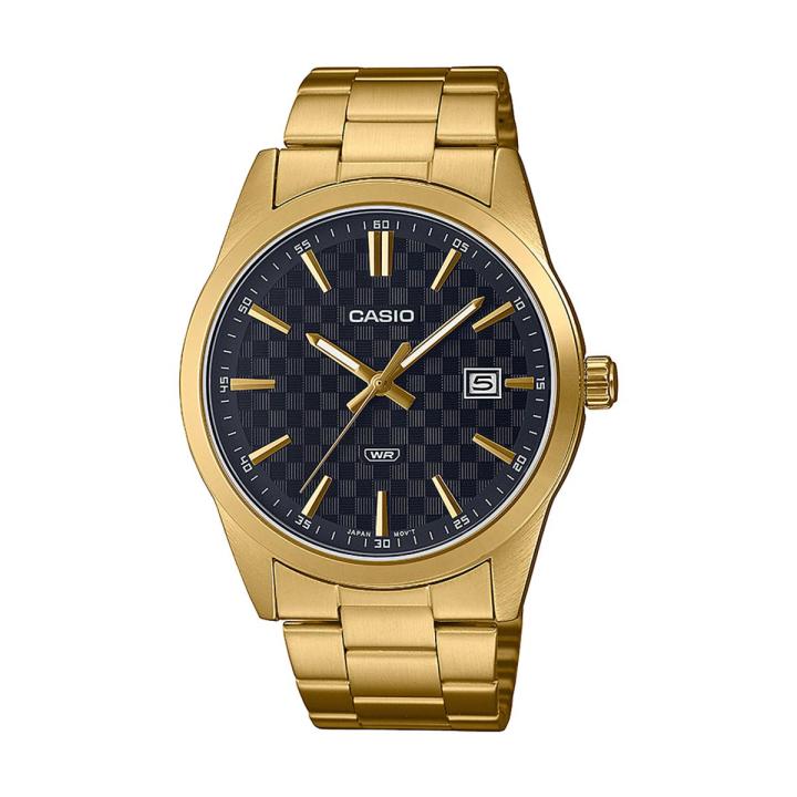 Casio General Mens Gold Stainless Steel Ion Plated Case Round Analog Date With Black Dial Gold Ion Plated Stainless Steel Bracelet Watch-MTP-VD03G-1AUDF