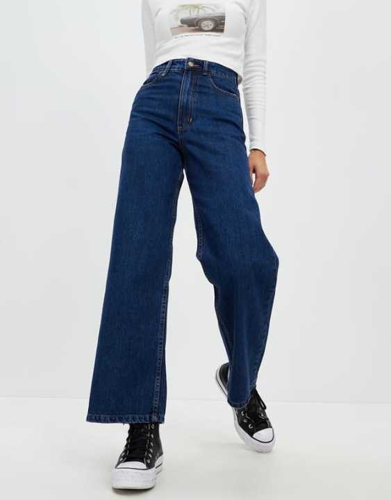 Women Trendy Navy Blue High Waist Wide Leg Jeans For Girls