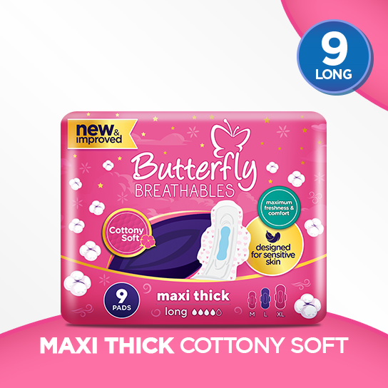 Butterfly Breathables Maxi Thick Cottony Soft Sanitary Pads  Long 9 Pcs