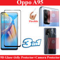 Oppo A95 Tempered Glass 9D Full Edge To Edge + Back Clear Jelly Protector Sheet Hydrogel Protector + Camera Protector Flexible Gorilla Protector 9H For Oppo A95. 